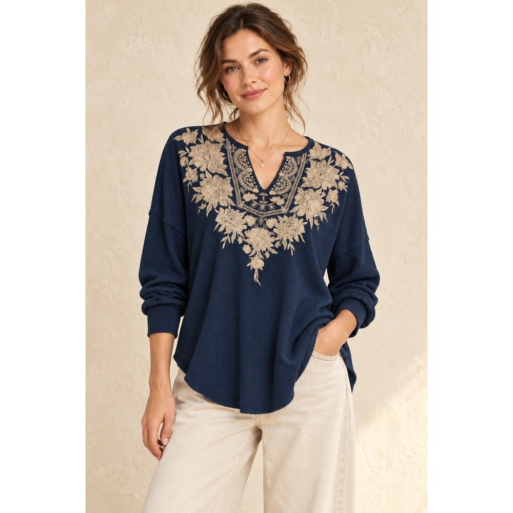 Johnny Was Navy Blue Waffle Knit Thermal Top Embroidered Floral V-Neck J12119-8